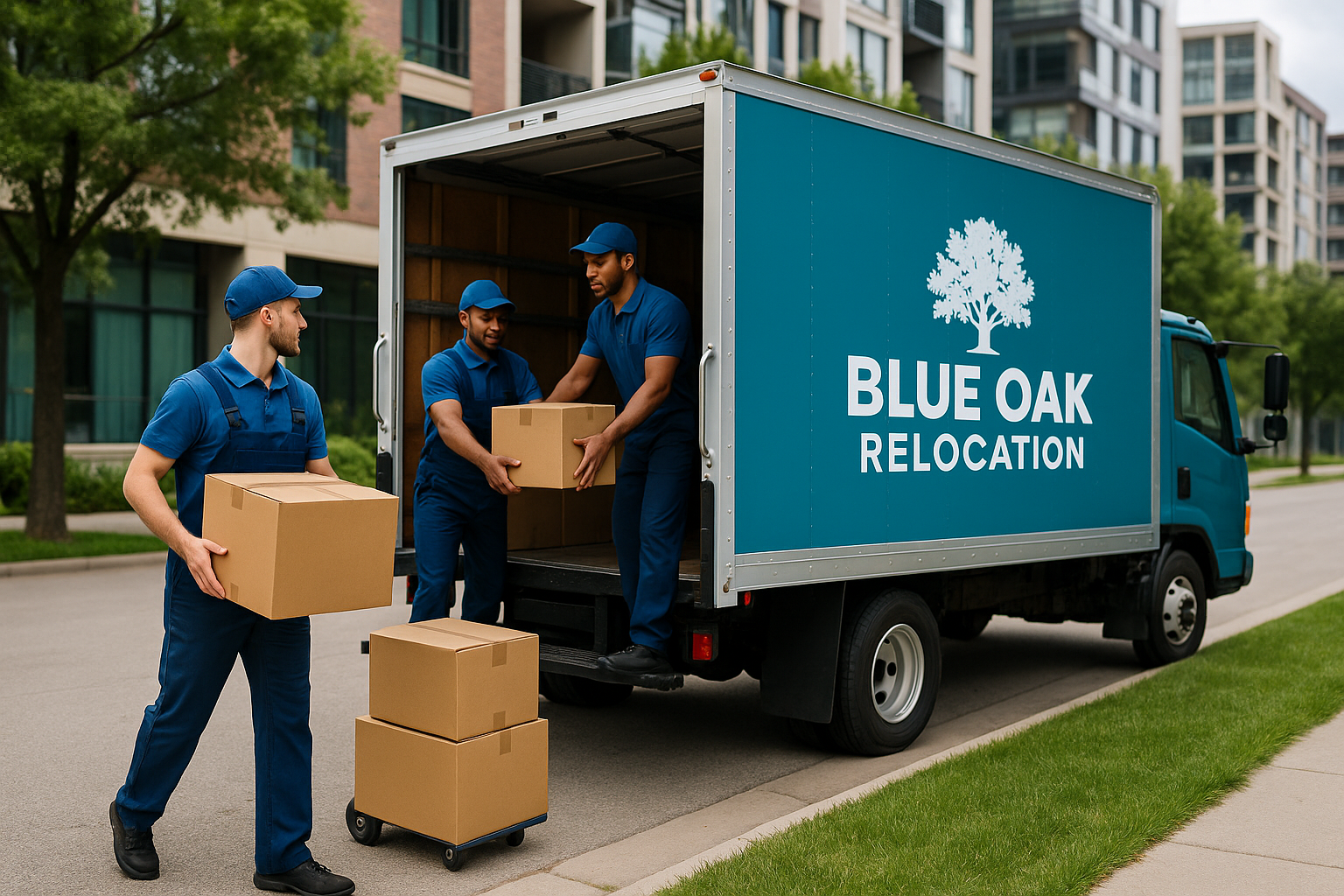 Blue Oak Relocation moving team loading boxes into a branded box truck on a Louisville street